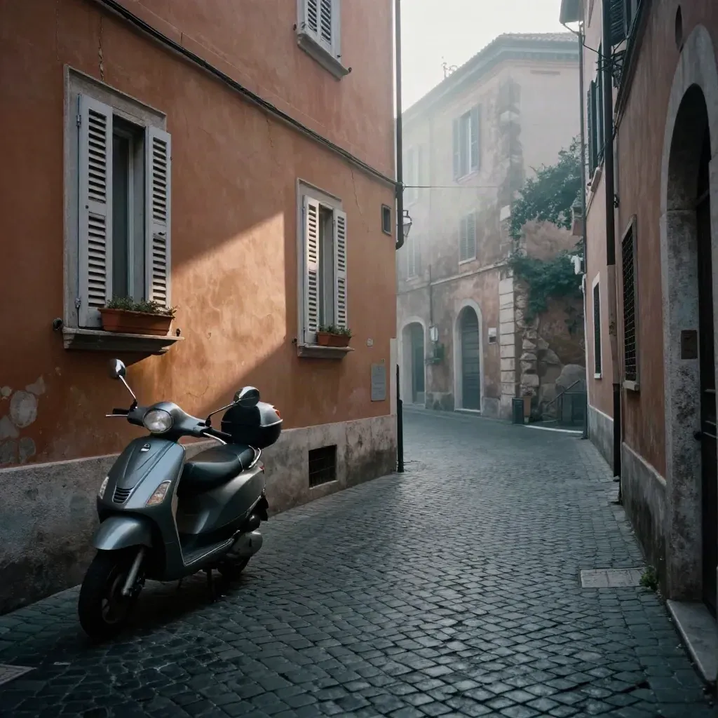 Vicolo di Trastevere all’alba con muri ocra, scooter parcheggiato e pietre umide nella foschia.
