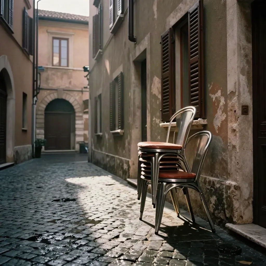 Cortile romano dopo la pioggia, sedie del bar accatastate e luce di sole tra le persiane