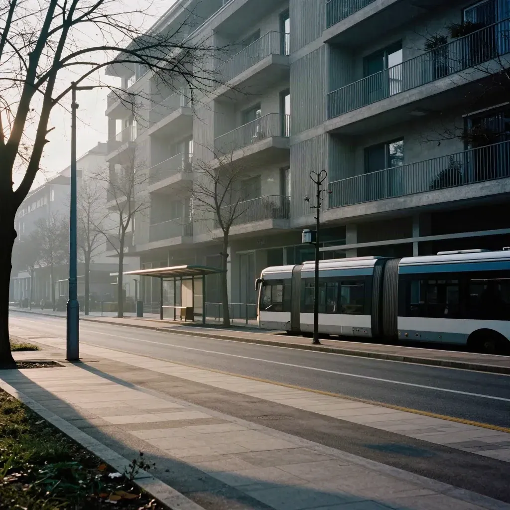 Boulevard di Milano Nord con tram stop, palazzi moderni e bus in uscita nella foschia mattutina.