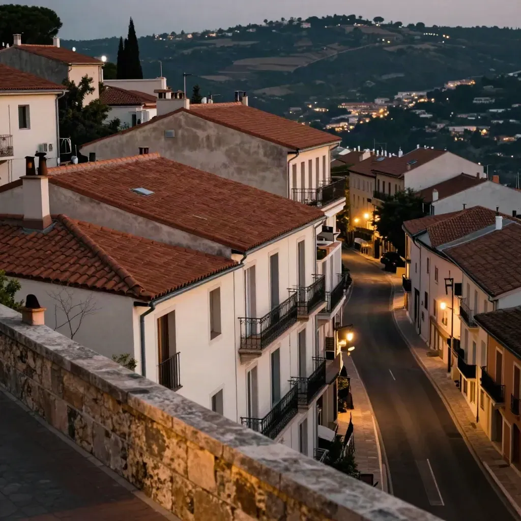Quartiere residenziale con palazzi a terrazze e strada curva al crepuscolo